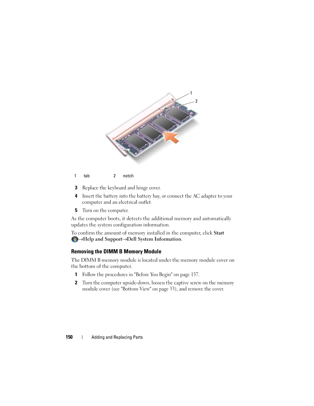 Dell DT549, PP22X owner manual Removing the Dimm B Memory Module, 150 