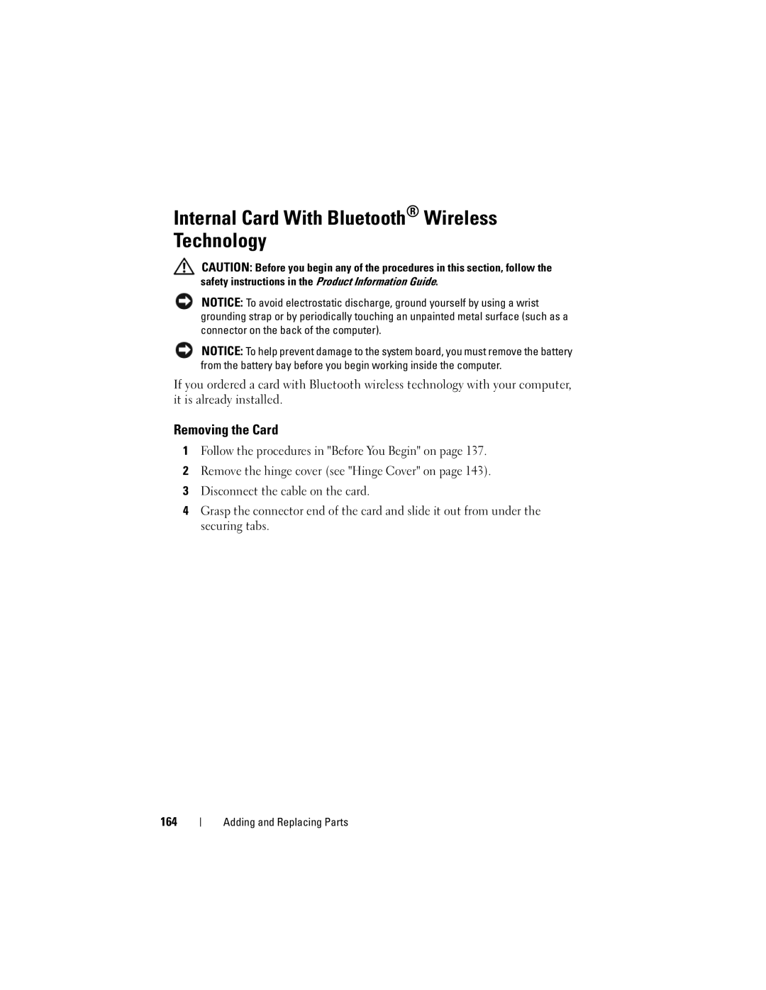 Dell DT549, PP22X owner manual Internal Card With Bluetooth Wireless Technology, Removing the Card 