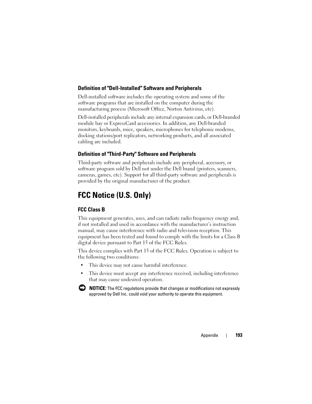 Dell PP22X, DT549 owner manual FCC Notice U.S. Only, Definition of Dell-Installed Software and Peripherals, FCC Class B, 193 