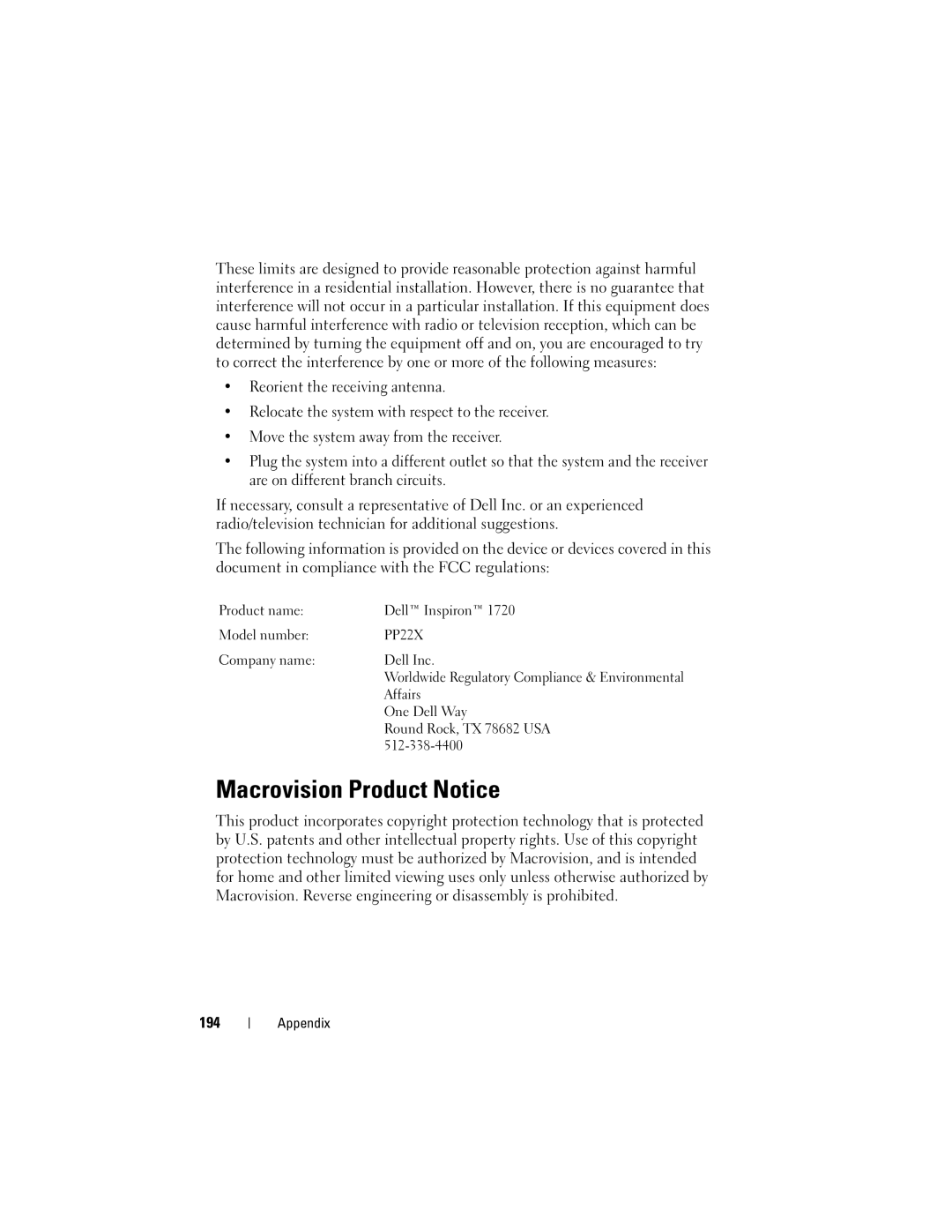 Dell DT549, PP22X owner manual Macrovision Product Notice, 194 