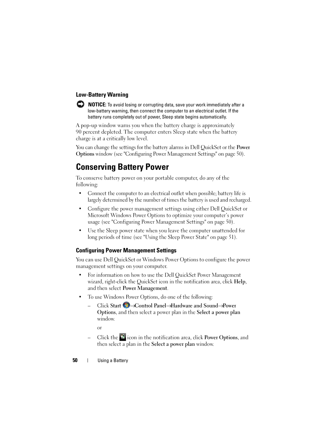 Dell DT549, PP22X owner manual Conserving Battery Power, Low-Battery Warning, Configuring Power Management Settings 