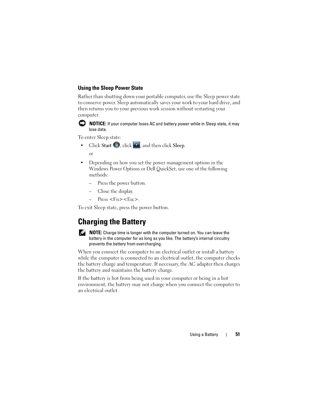 Dell PP22X, DT549 owner manual Charging the Battery, Using the Sleep Power State 