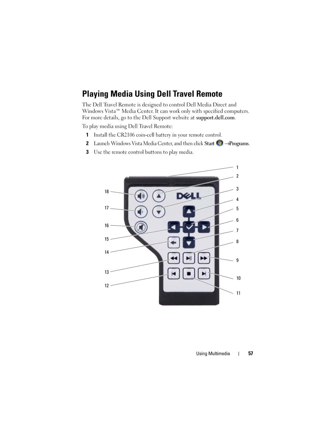 Dell PP22X, DT549 owner manual Playing Media Using Dell Travel Remote 