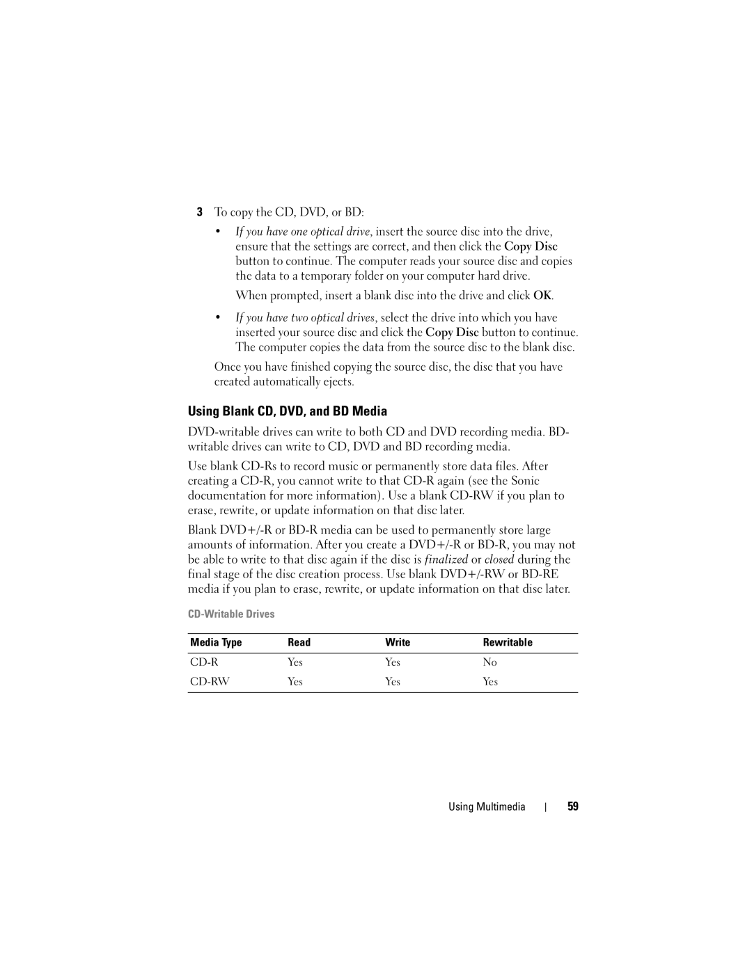 Dell PP22X, DT549 owner manual Using Blank CD, DVD, and BD Media, To copy the CD, DVD, or BD 