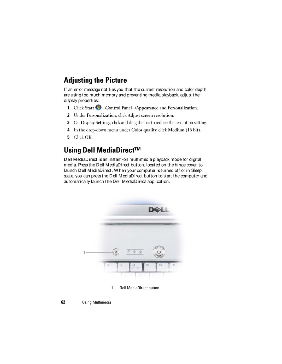 Dell DT549, PP22X owner manual Adjusting the Picture, Using Dell MediaDirect 