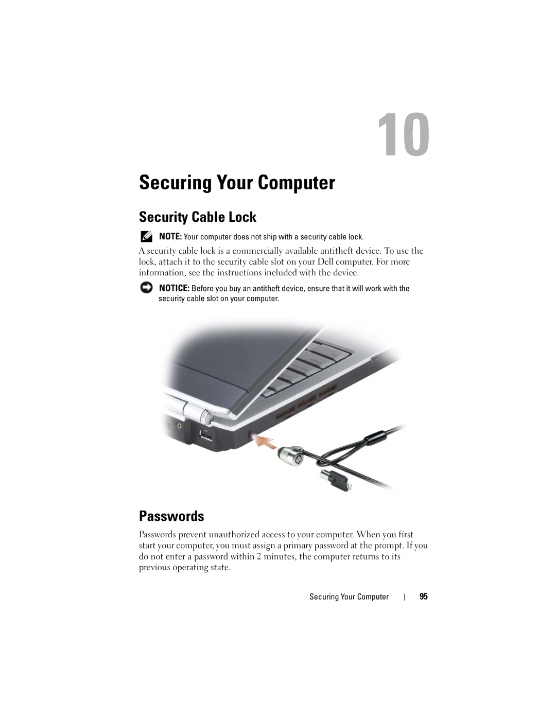 Dell PP22X, DT549 owner manual Securing Your Computer, Security Cable Lock, Passwords 