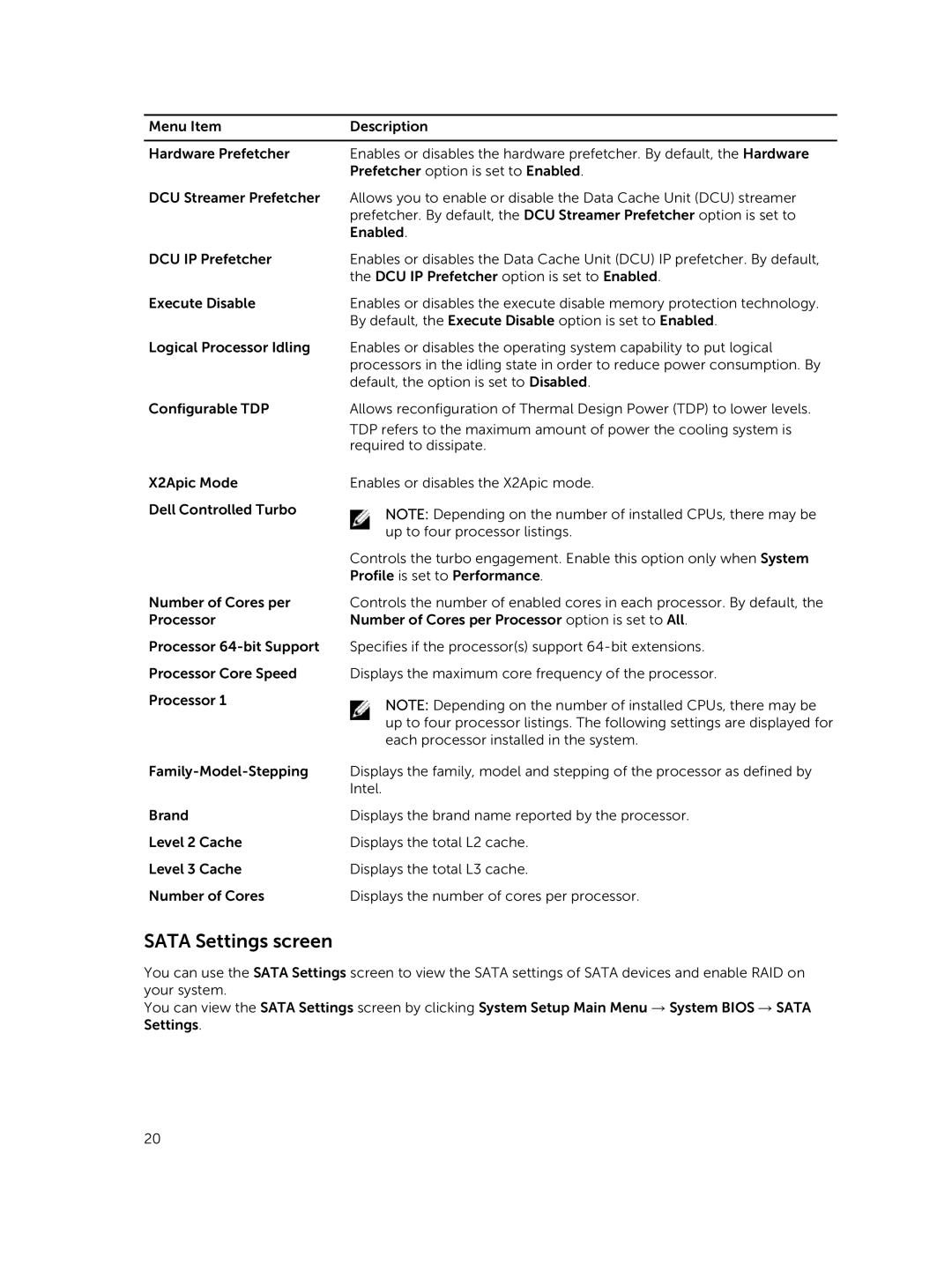 Dell E02B owner manual Sata Settings screen 