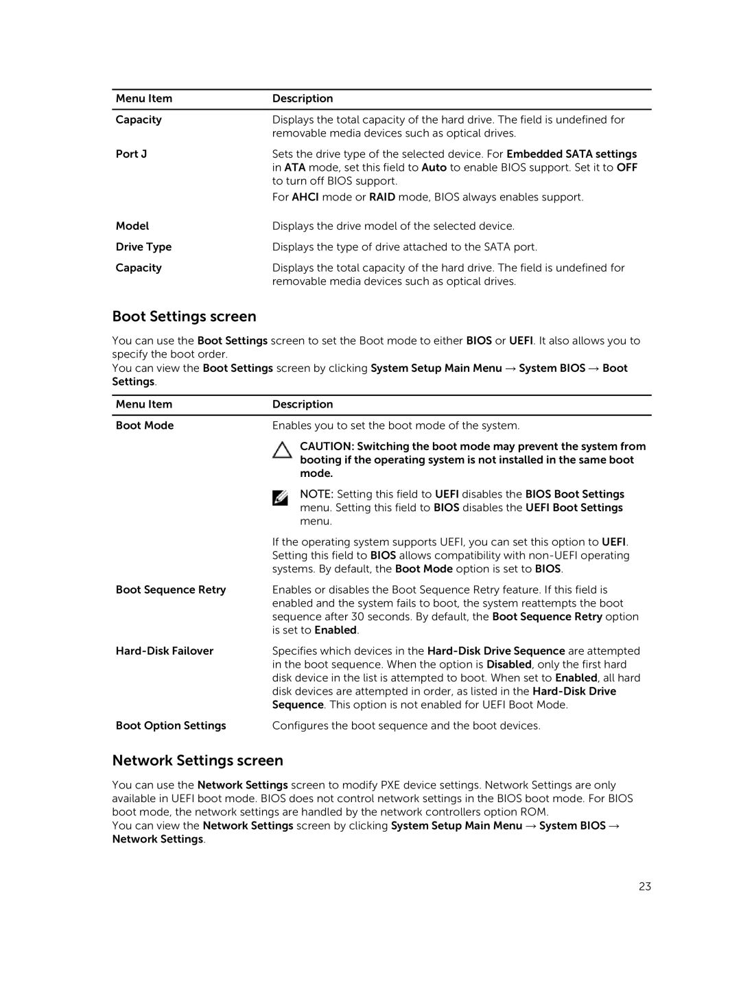 Dell E02B owner manual Boot Settings screen, Network Settings screen 