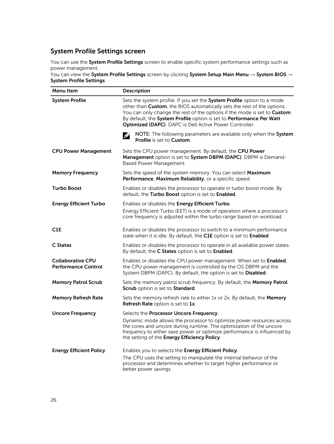 Dell E02B owner manual System Profile Settings screen, C1E 