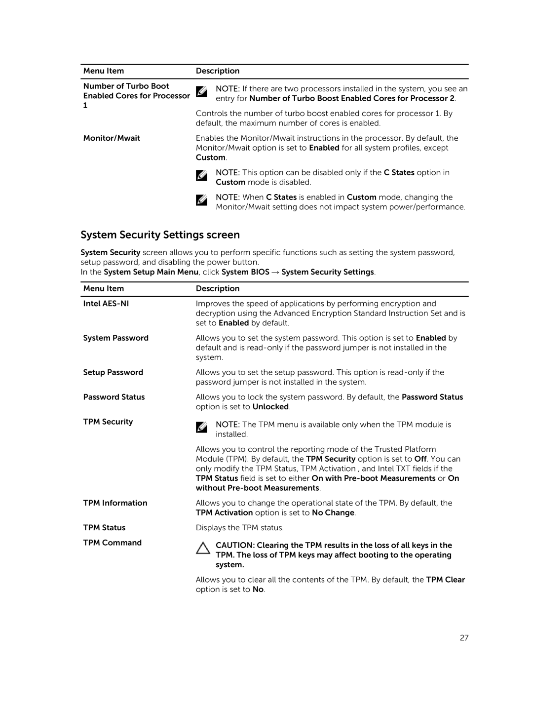 Dell E02B owner manual System Security Settings screen 