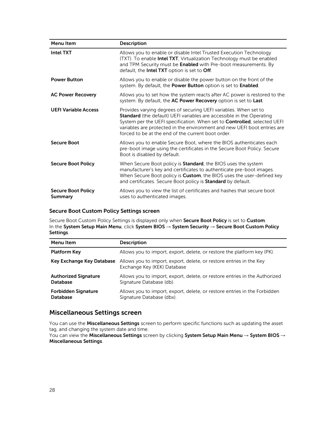 Dell E02B owner manual Miscellaneous Settings screen, Secure Boot Custom Policy Settings screen 