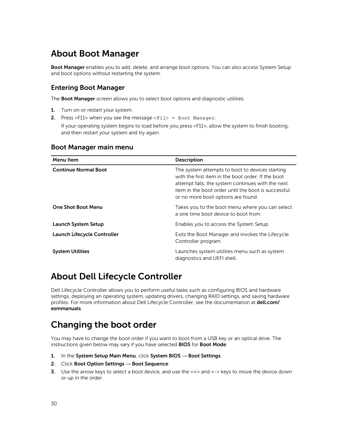 Dell E02B owner manual About Boot Manager, About Dell Lifecycle Controller Changing the boot order, Entering Boot Manager 