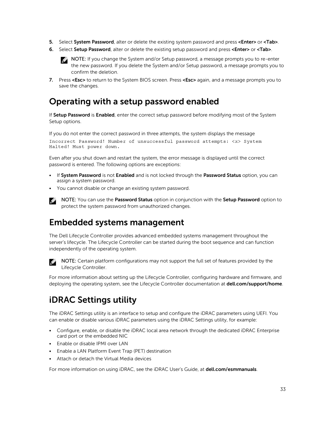 Dell E02B owner manual Operating with a setup password enabled, Embedded systems management, IDRAC Settings utility 