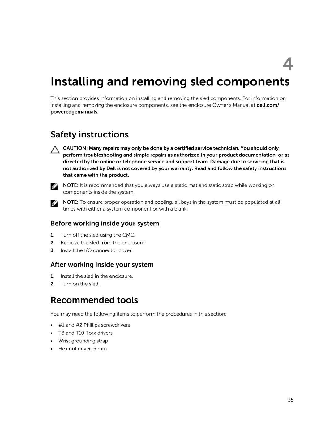 Dell E02B Safety instructions, Recommended tools, Before working inside your system, After working inside your system 