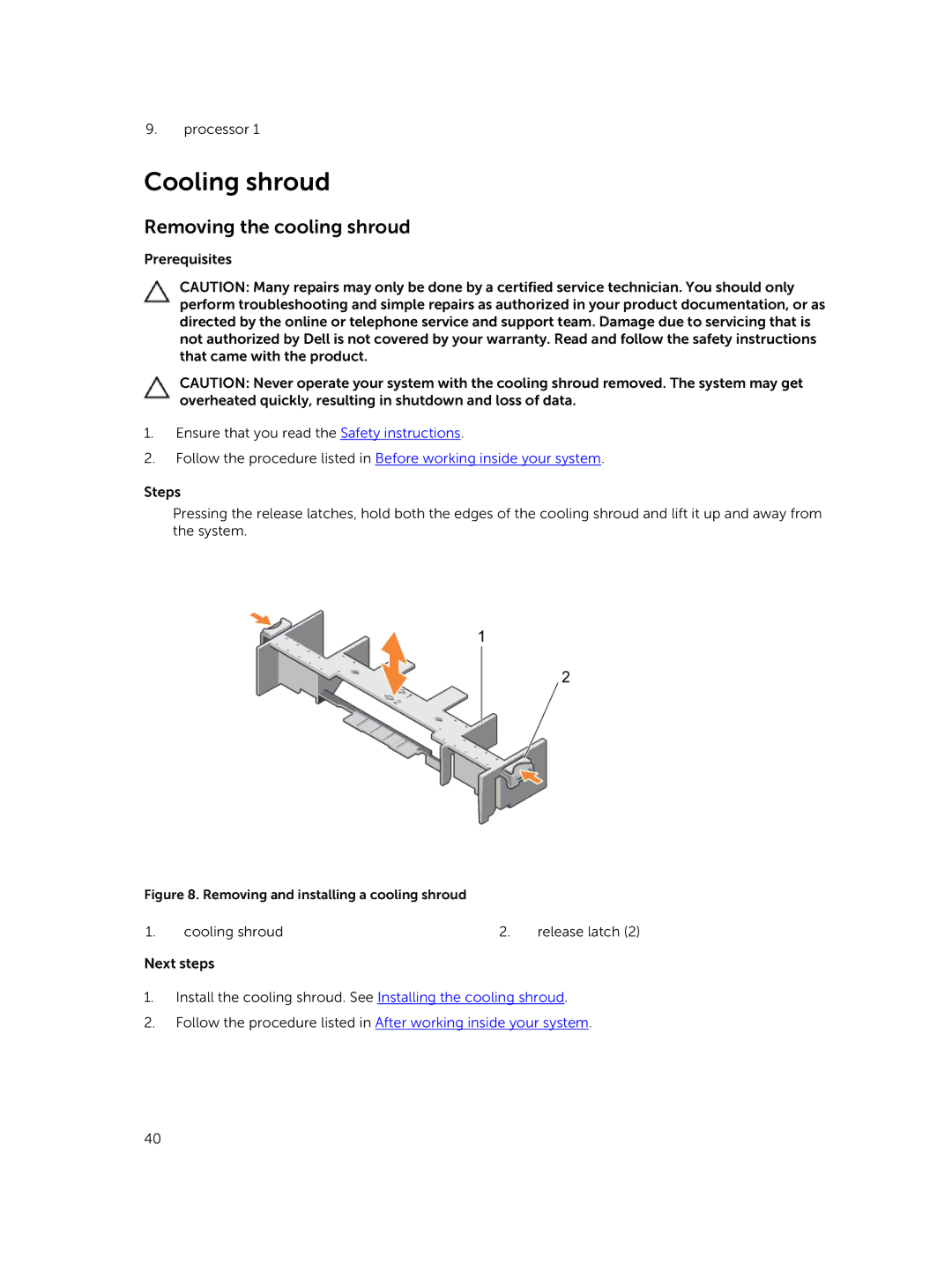 Dell E02B owner manual Cooling shroud, Removing the cooling shroud 