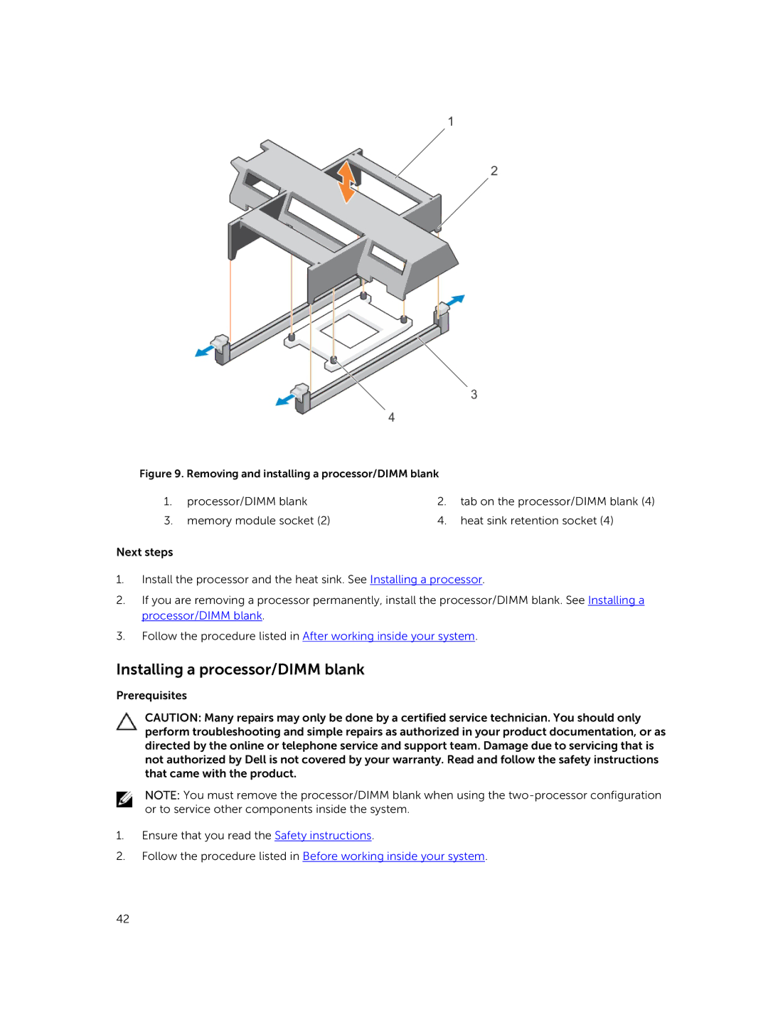 Dell E02B owner manual Installing a processor/DIMM blank, Removing and installing a processor/DIMM blank 