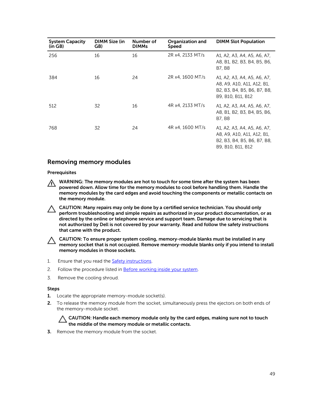 Dell E02B owner manual Removing memory modules 