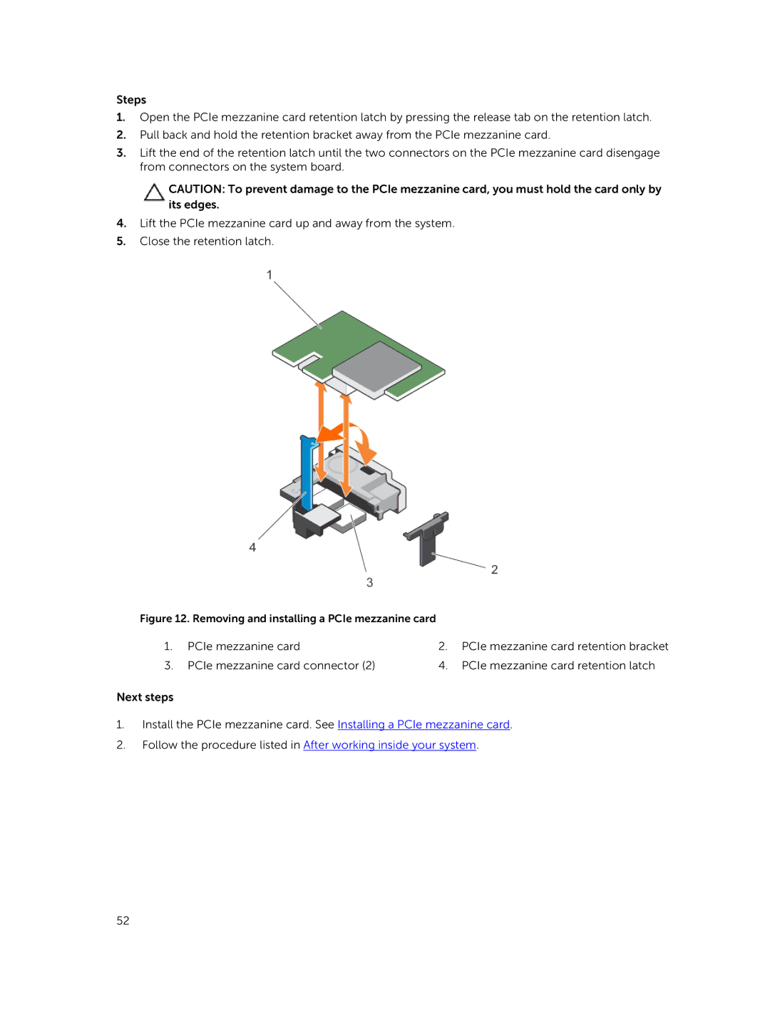 Dell E02B owner manual Removing and installing a PCIe mezzanine card 