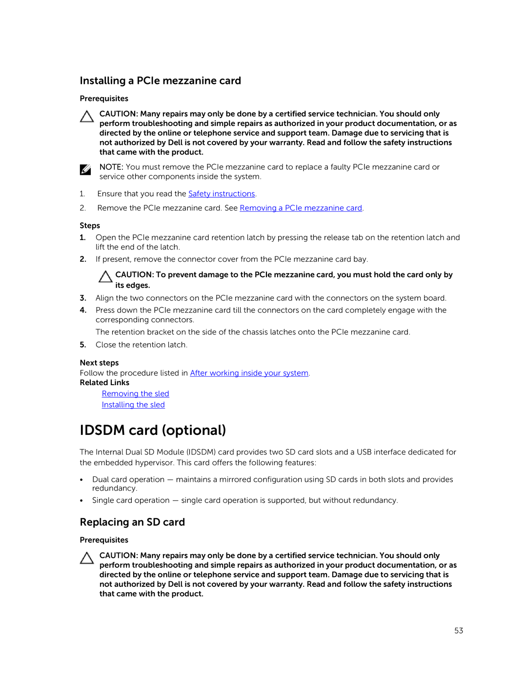 Dell E02B owner manual Idsdm card optional, Installing a PCIe mezzanine card, Replacing an SD card 