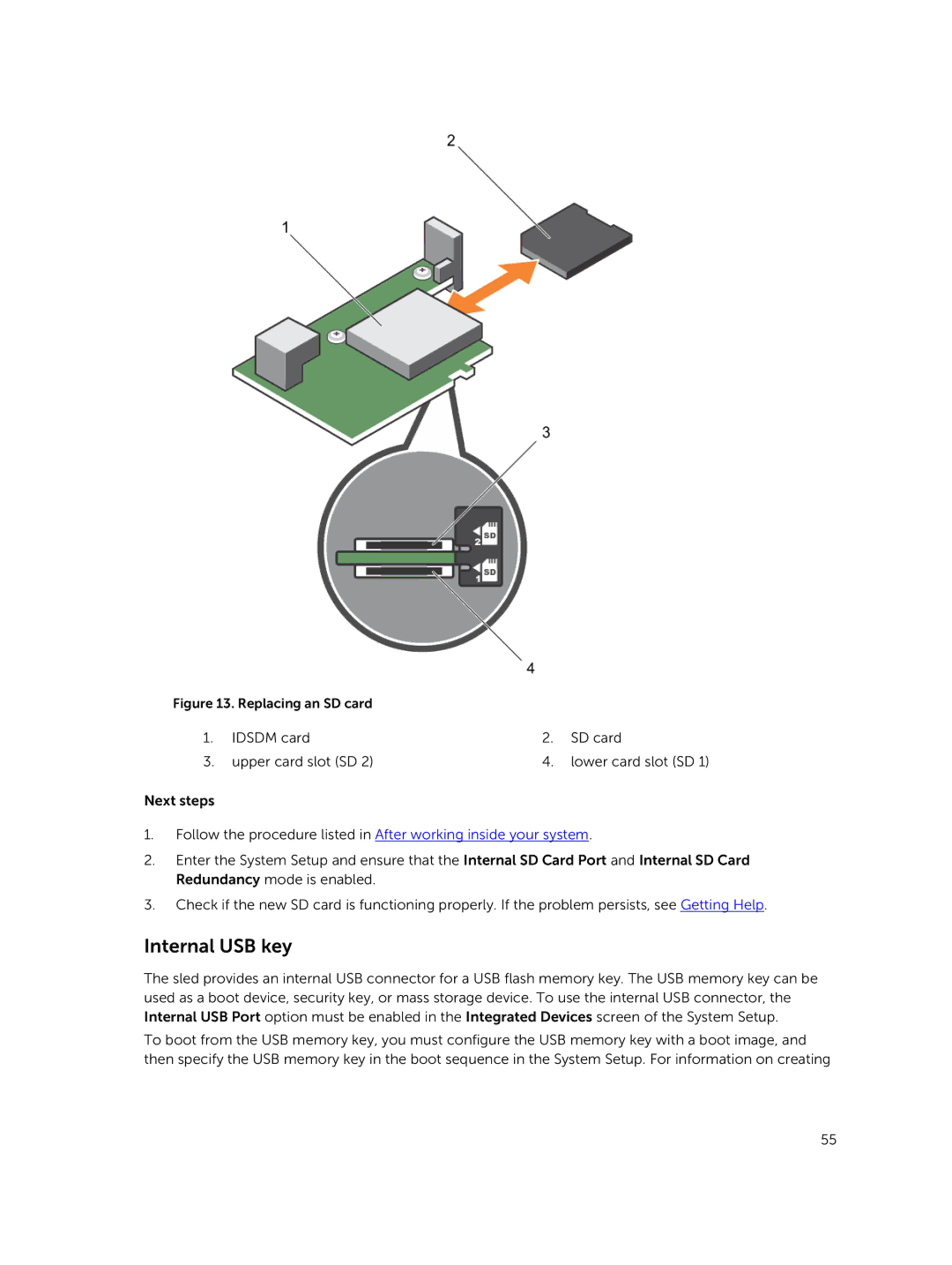 Dell E02B owner manual Internal USB key, Replacing an SD card 