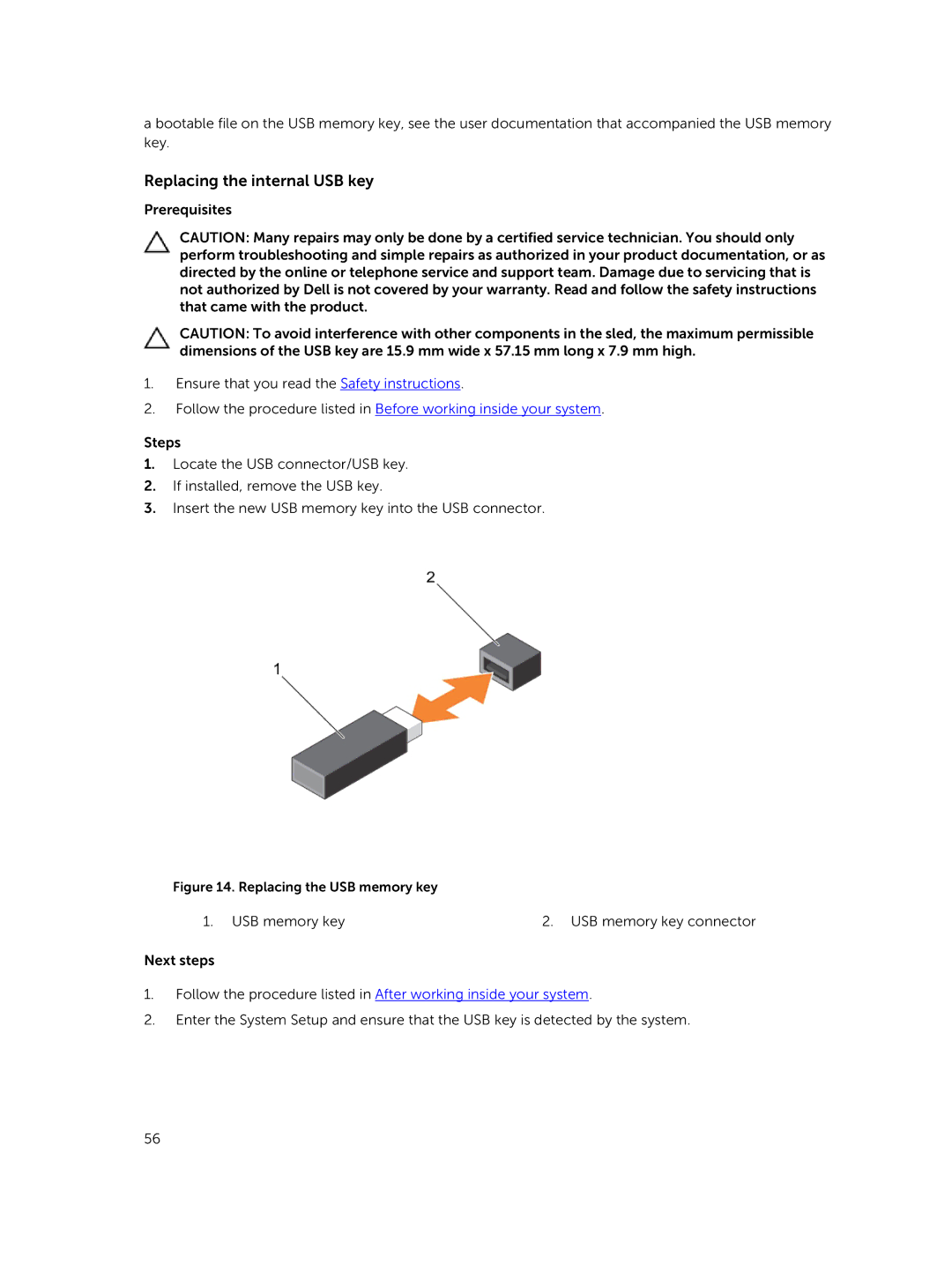 Dell E02B owner manual Replacing the internal USB key 