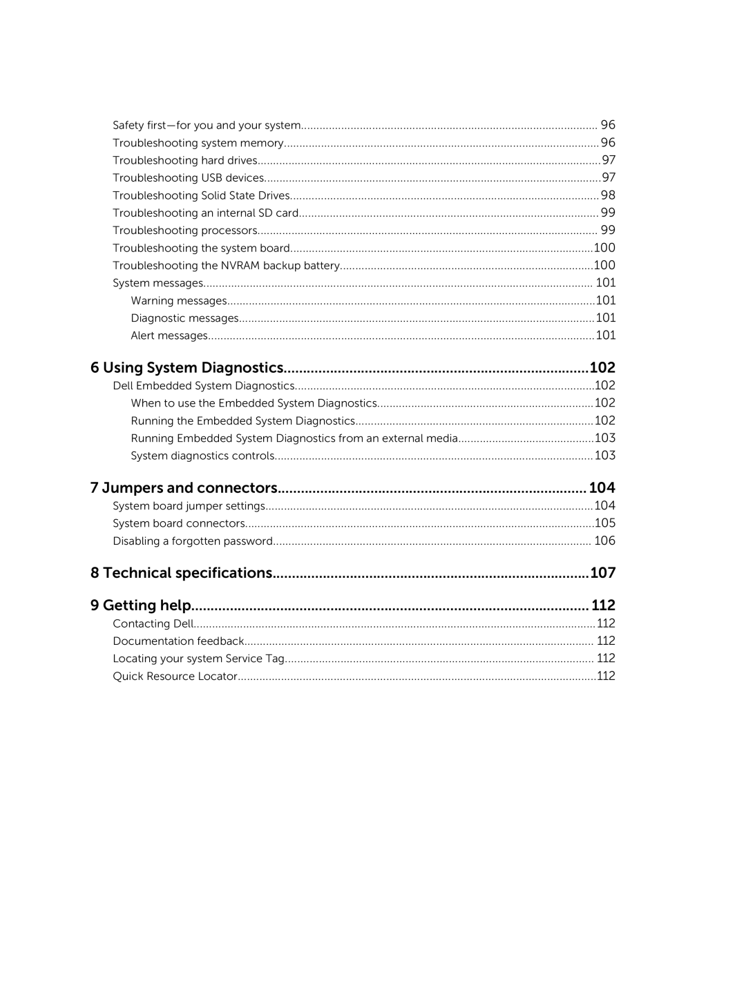 Dell E02B Using System Diagnostics 102, Jumpers and connectors 104, Technical specifications 107 Getting help 112 