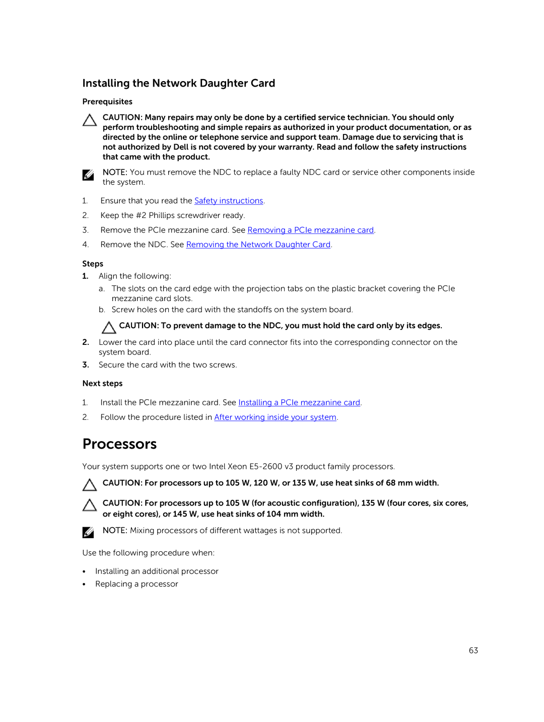 Dell E02B owner manual Processors, Installing the Network Daughter Card 