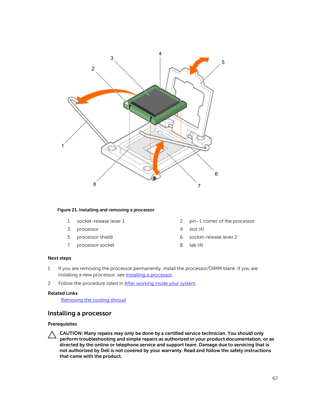 Dell E02B owner manual Installing a processor, Installing and removing a processor 