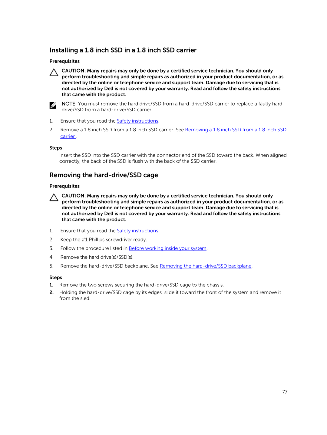 Dell E02B owner manual Installing a 1.8 inch SSD in a 1.8 inch SSD carrier, Removing the hard-drive/SSD cage 