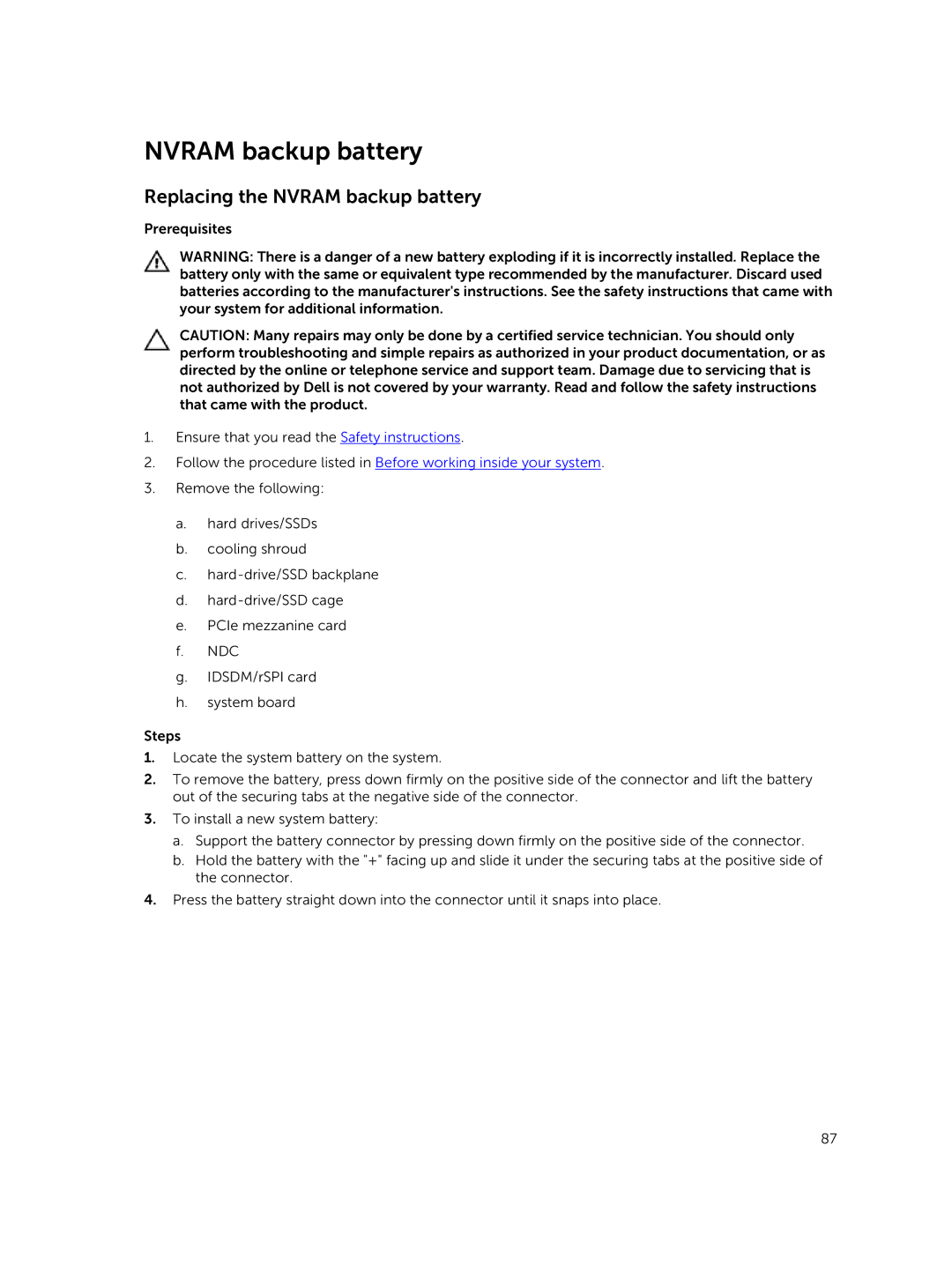 Dell E02B owner manual Replacing the Nvram backup battery 