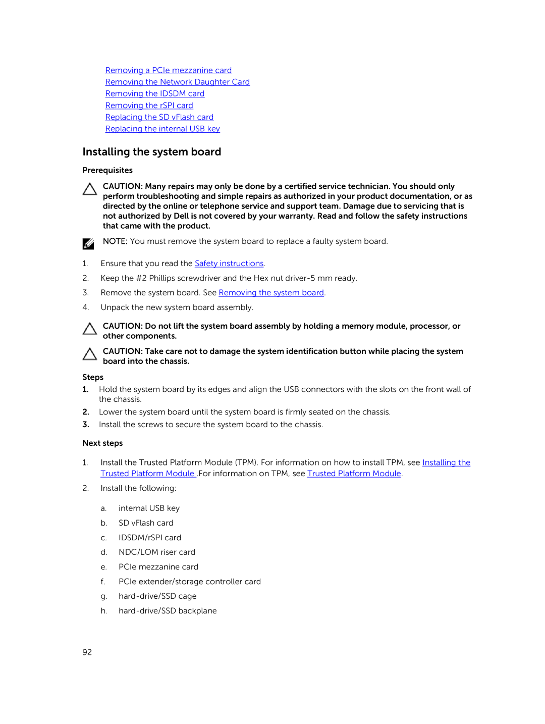 Dell E02B owner manual Installing the system board 