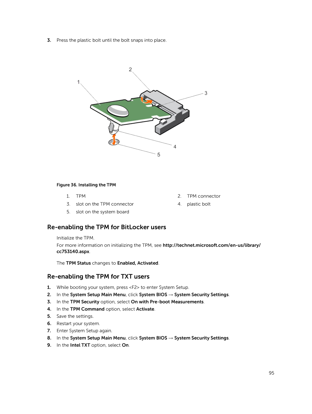 Dell E02B owner manual Re-enabling the TPM for BitLocker users, Re-enabling the TPM for TXT users 