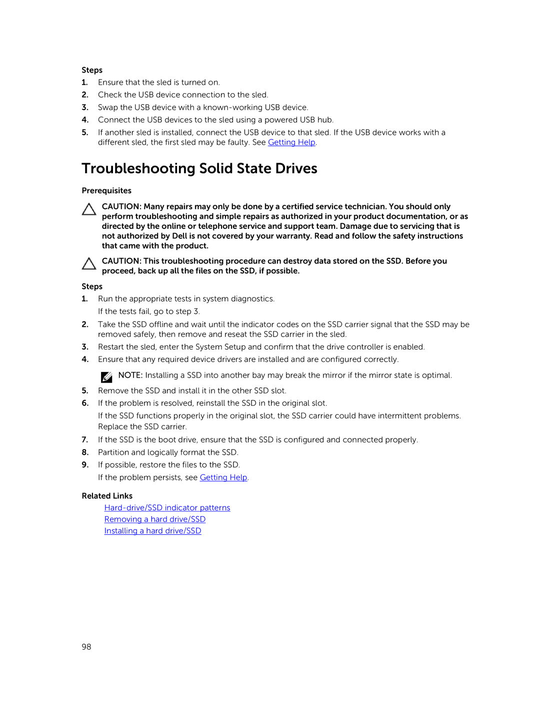 Dell E02B owner manual Troubleshooting Solid State Drives 