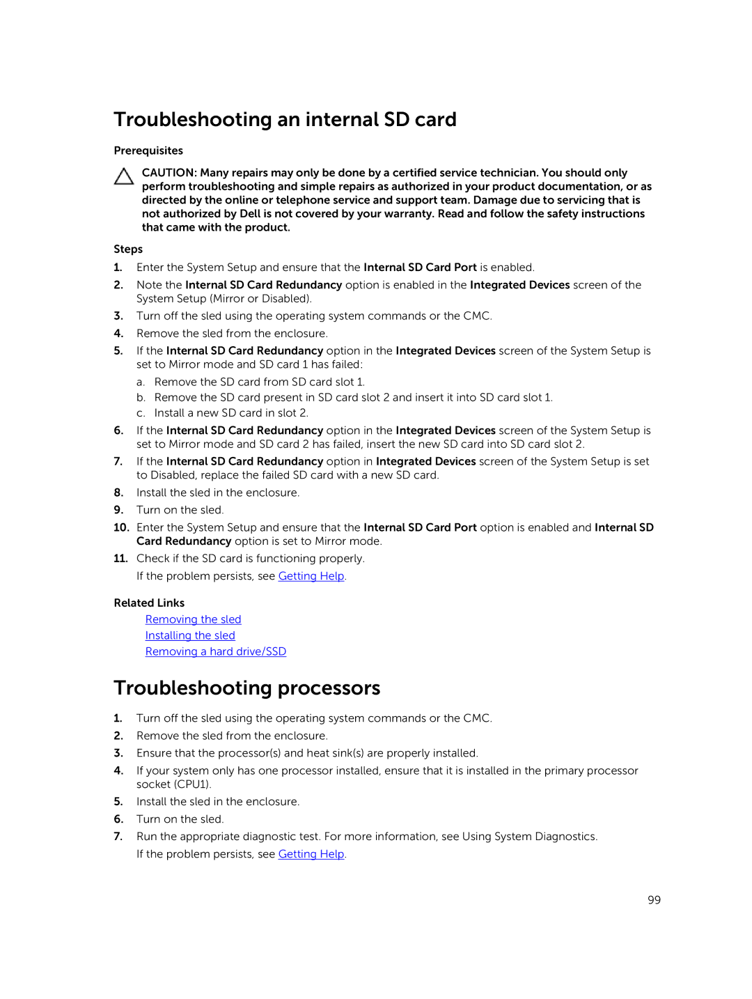 Dell E02B owner manual Troubleshooting an internal SD card, Troubleshooting processors 