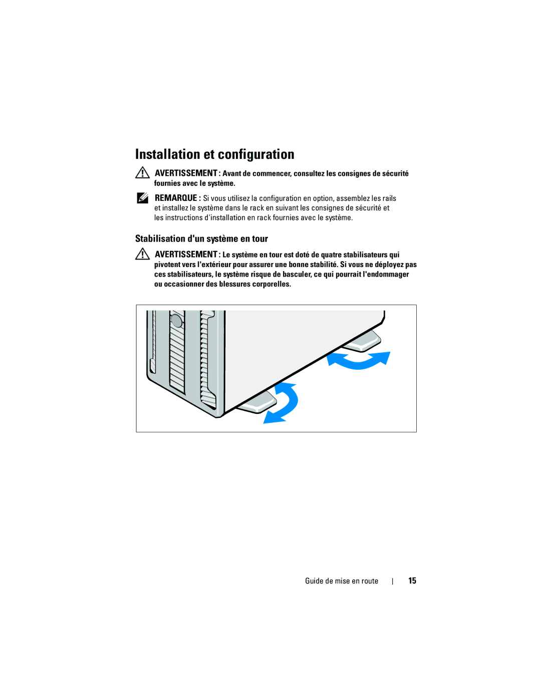 Dell DP884, E03S manual Installation et configuration, Stabilisation dun système en tour 