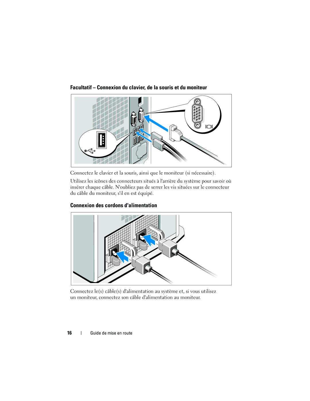 Dell E03S, DP884 manual Facultatif Connexion du clavier, de la souris et du moniteur, Connexion des cordons dalimentation 