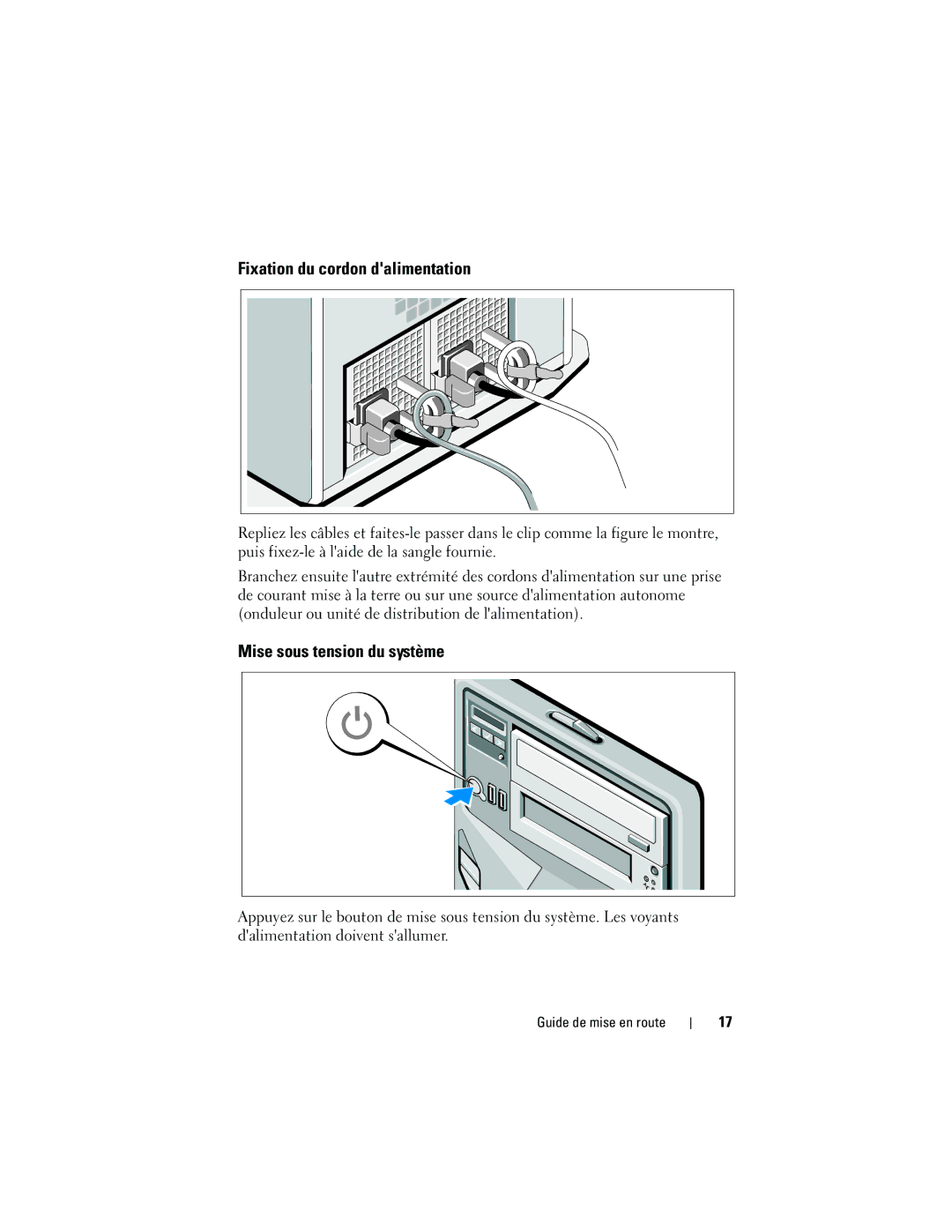 Dell DP884, E03S manual Fixation du cordon dalimentation, Mise sous tension du système 