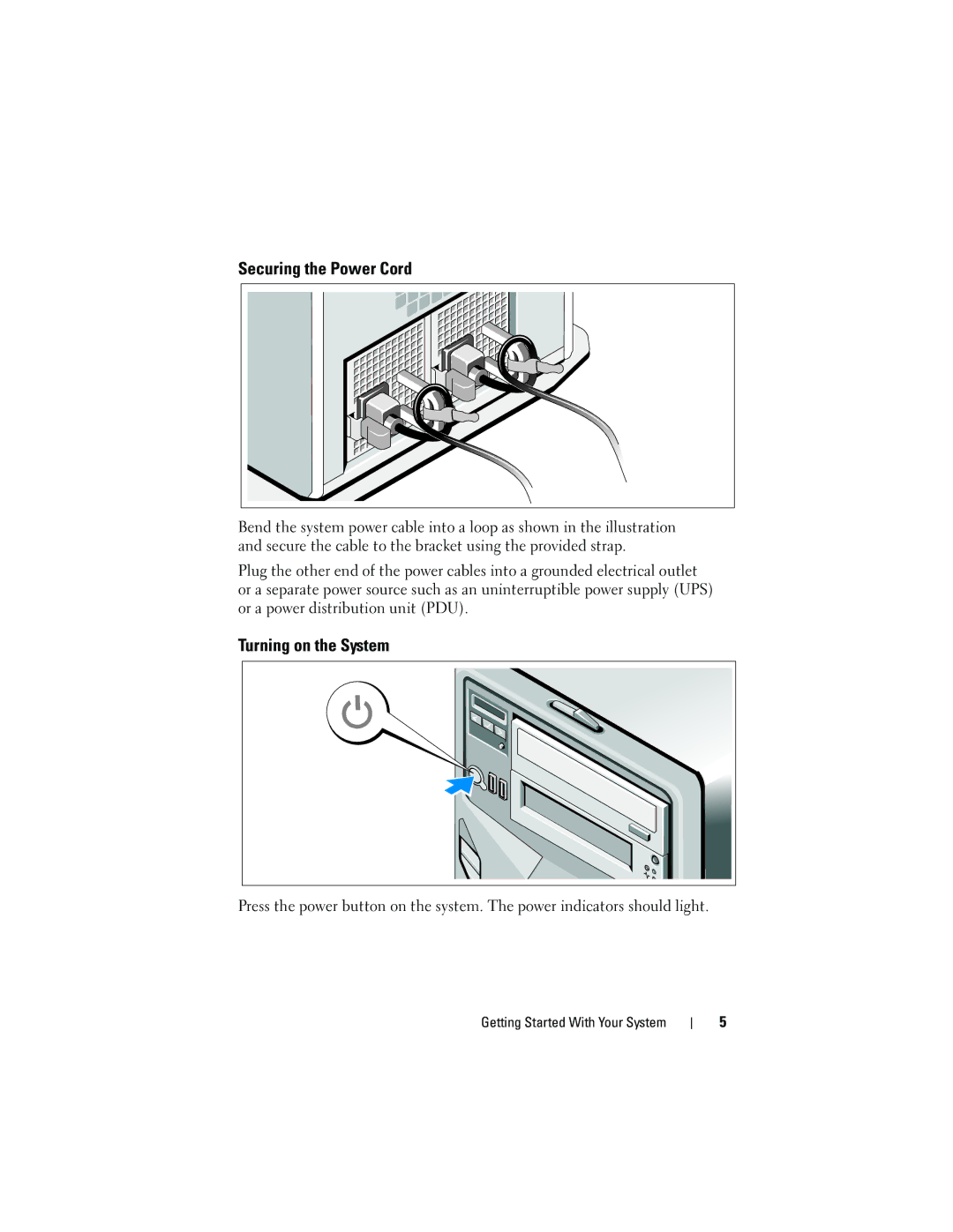 Dell DP884, E03S manual Securing the Power Cord, Turning on the System 