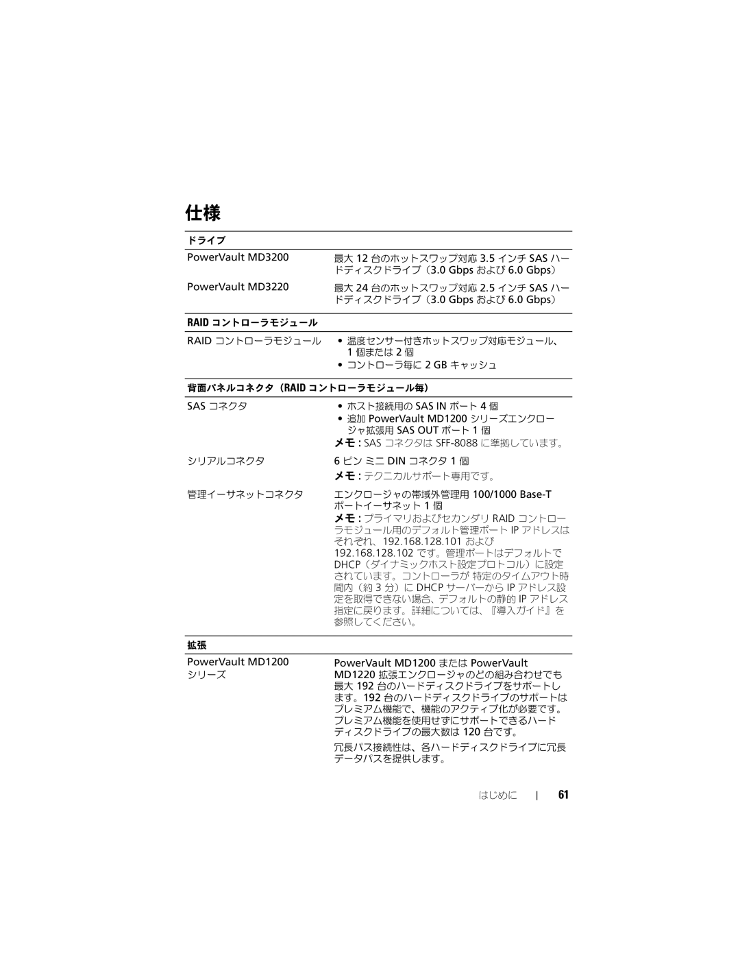 Dell E03J, E04J manual ドディスクドライブ（3.0 Gbps および 6.0 Gbps）, Sas コネクタ, 追加 PowerVault MD1200 シリーズエンクロー, それぞれ、192.168.128.101 および 