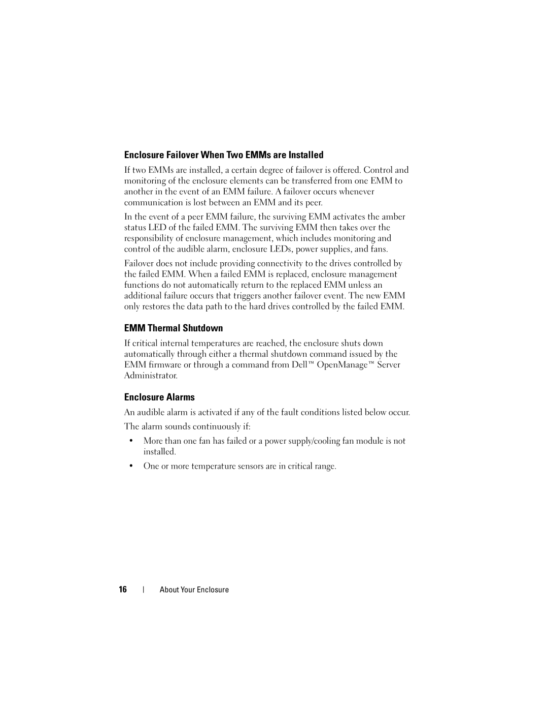 Dell E04J001, E04J Series, E03J001 Enclosure Failover When Two EMMs are Installed, EMM Thermal Shutdown, Enclosure Alarms 