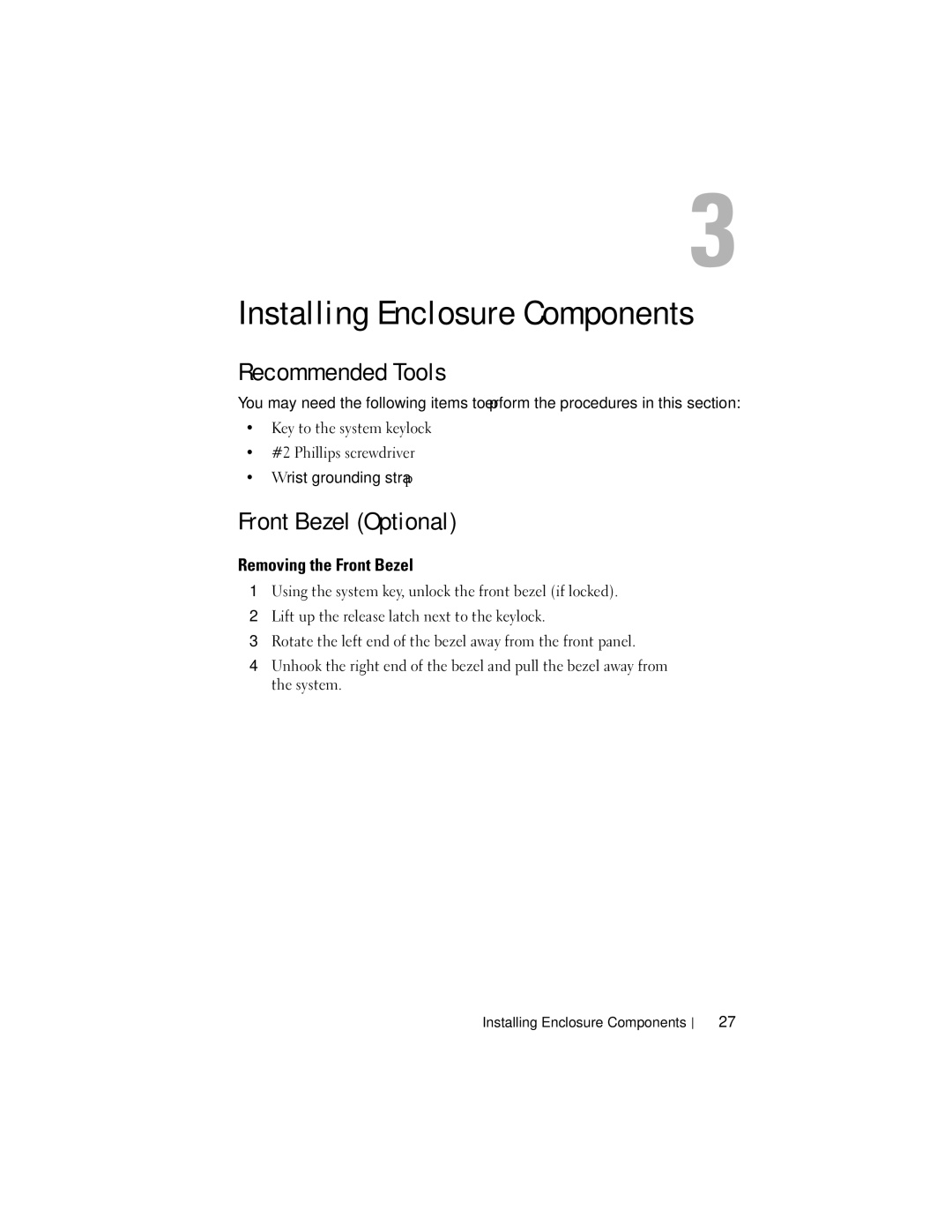 Dell E03J Series Installing Enclosure Components, Recommended Tools, Front Bezel Optional, Removing the Front Bezel 