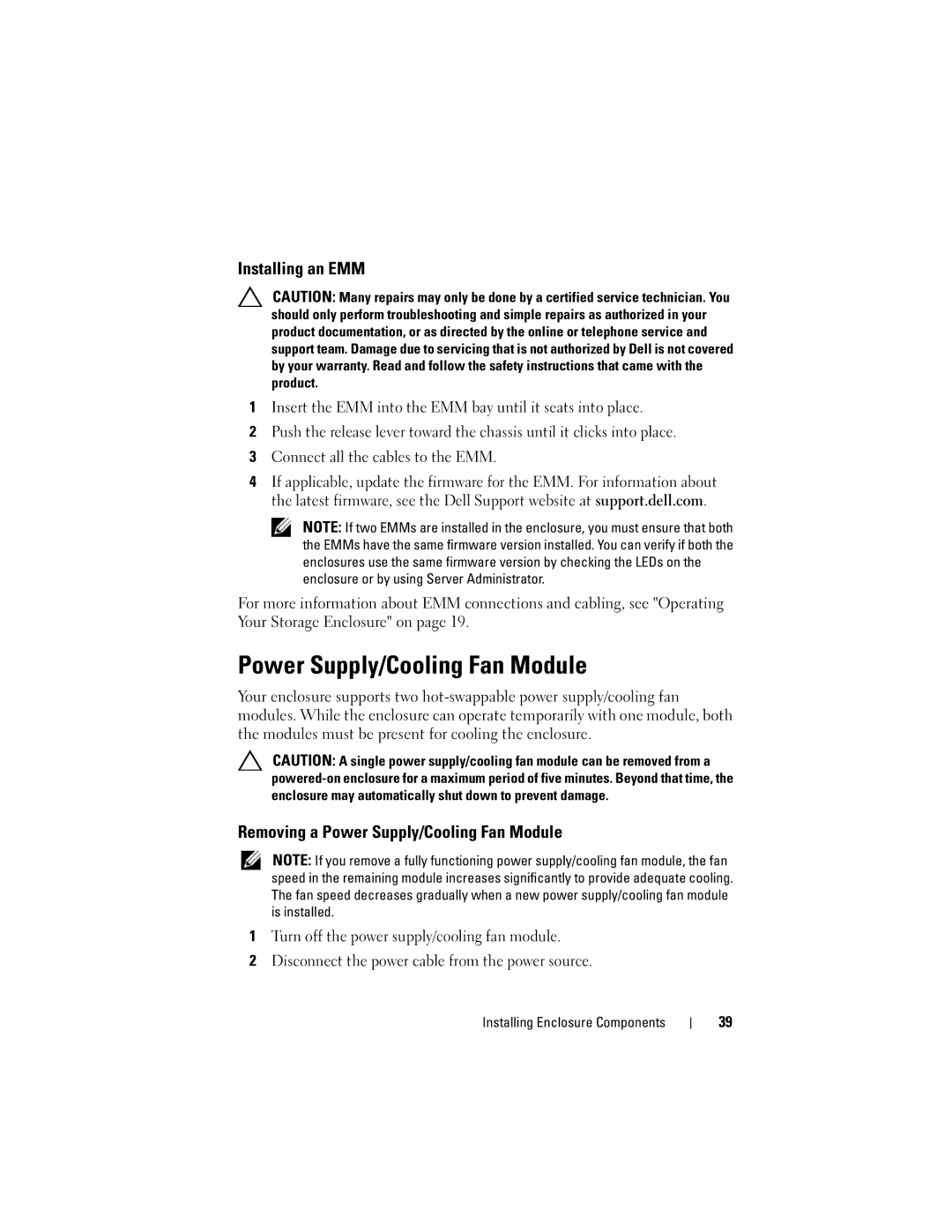 Dell E03J Series, E04J001, E04J Series, E03J001 owner manual Installing an EMM, Removing a Power Supply/Cooling Fan Module 