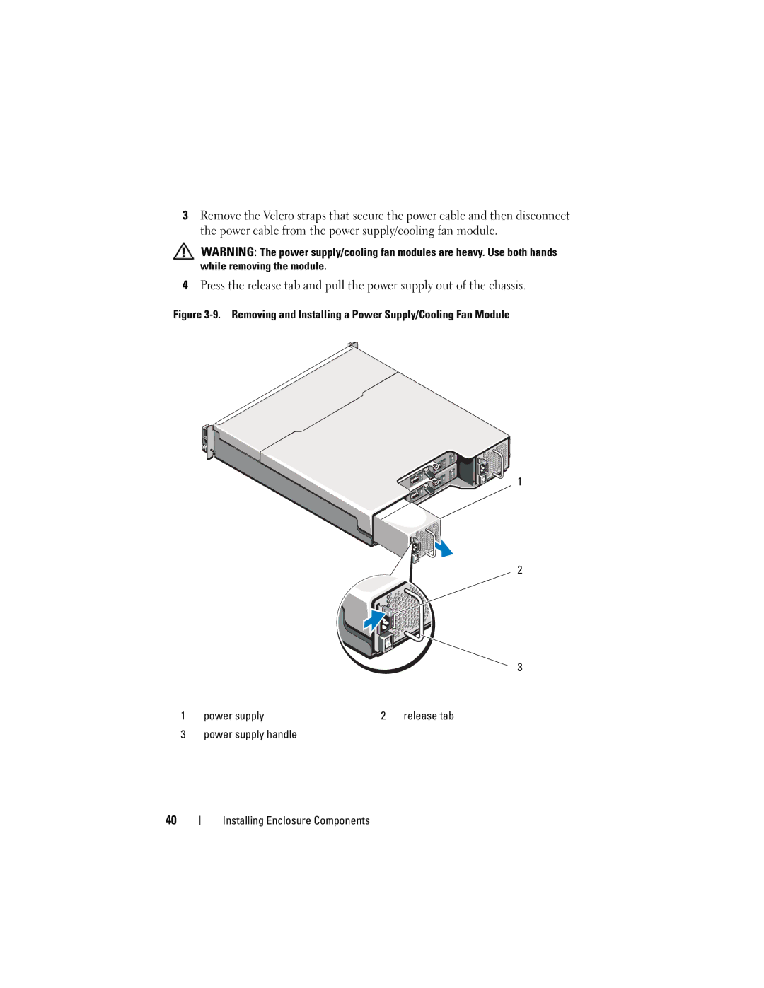 Dell E04J001, E04J Series, E03J001, E03J Series owner manual Removing and Installing a Power Supply/Cooling Fan Module 