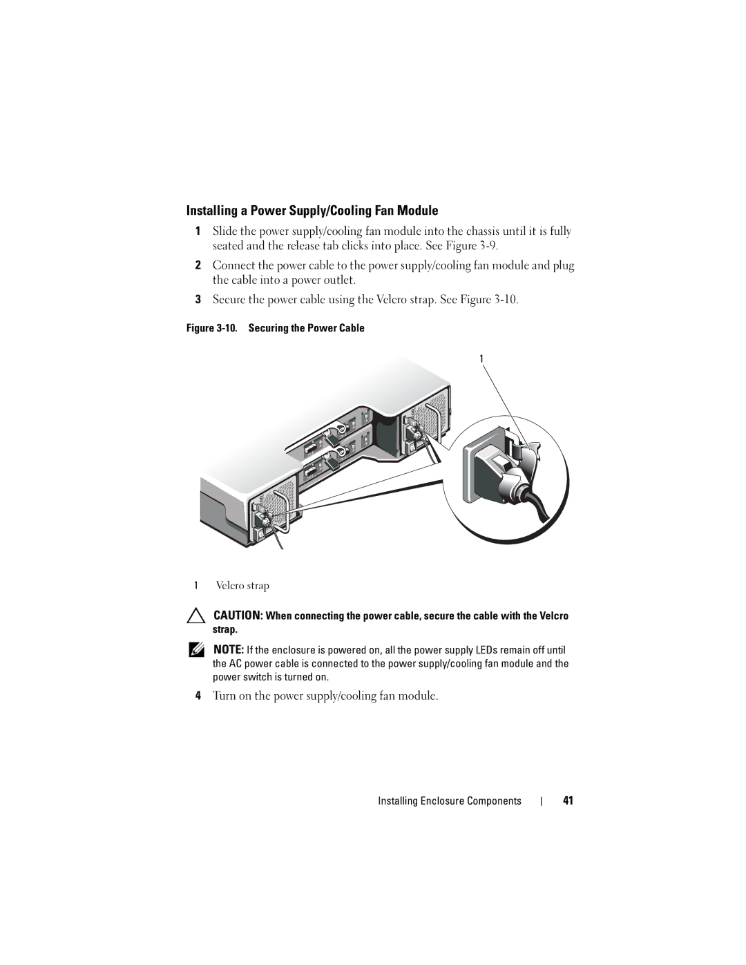 Dell E04J Series, E04J001, E03J001 Installing a Power Supply/Cooling Fan Module, Securing the Power Cable Velcro strap 