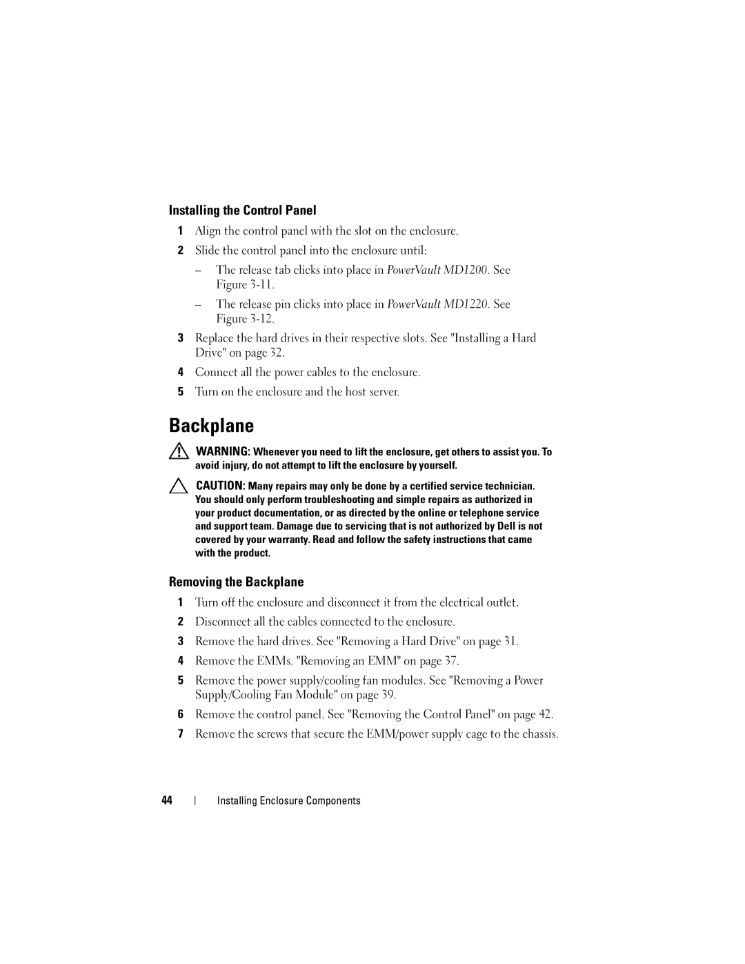 Dell E04J001, E04J Series, E03J001, E03J Series owner manual Installing the Control Panel, Removing the Backplane 