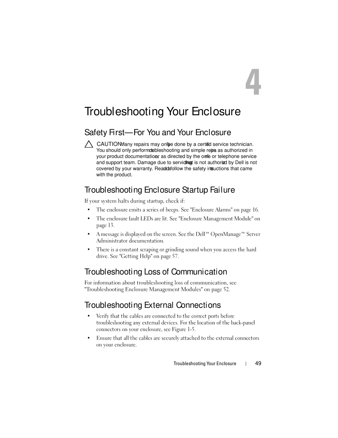 Dell E04J Series, E04J001, E03J001, E03J Series Troubleshooting Your Enclosure, Troubleshooting Loss of Communication 