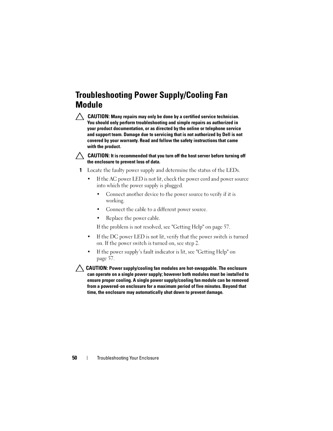 Dell E03J001, E04J001, E04J Series, E03J Series owner manual Troubleshooting Power Supply/Cooling Fan Module 