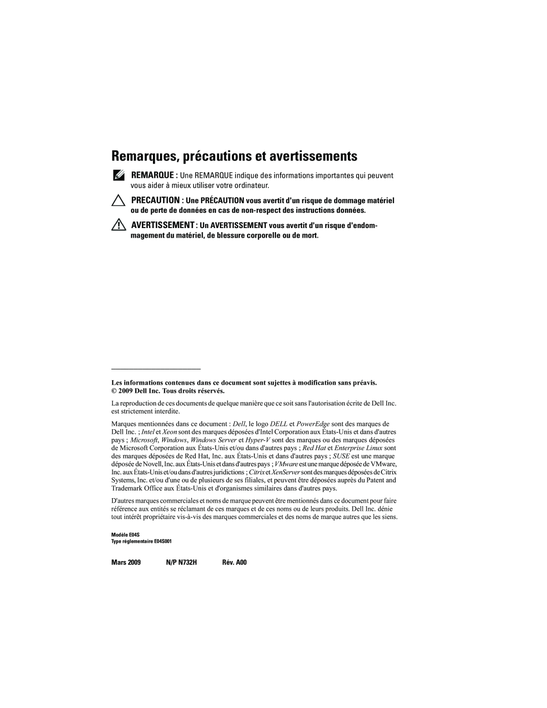 Dell E04S001, N732H manual Remarques, précautions et avertissements 