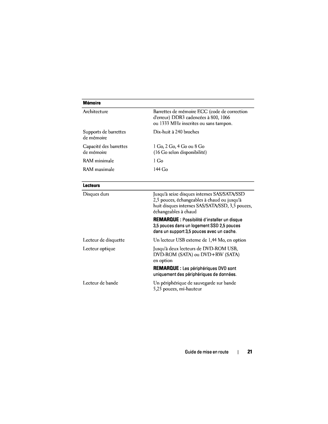 Dell N732H, E04S001 manual Barrettes de mémoire ECC code de correction, Jusquà seize disques internes SAS/SATA/SSD 