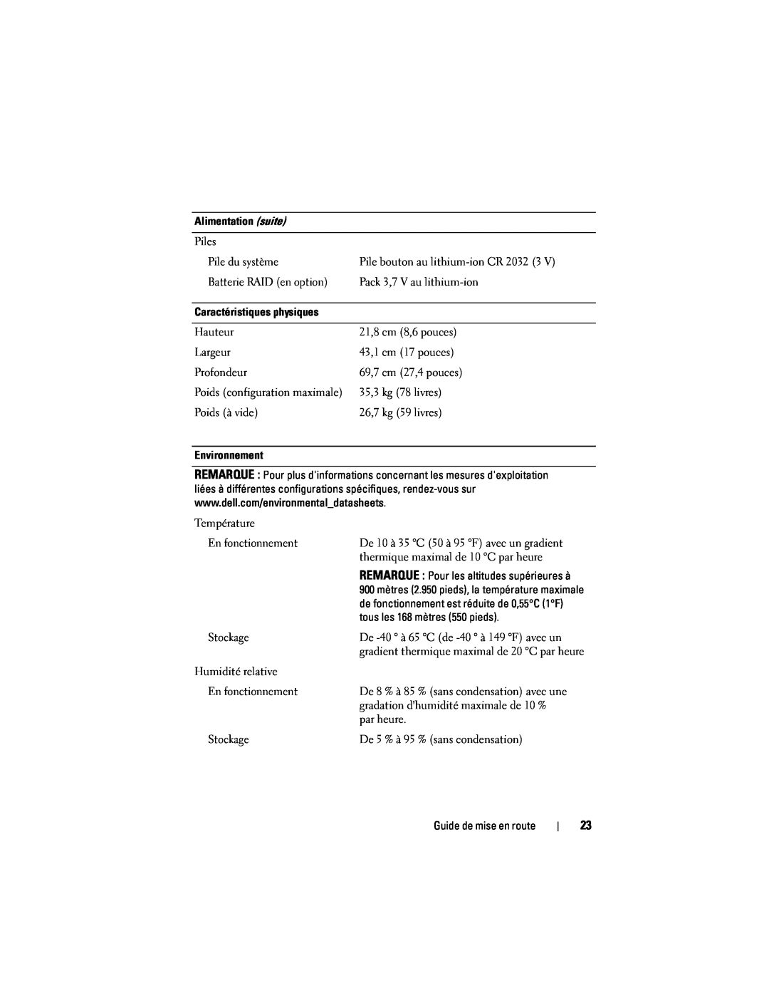 Dell N732H, E04S001 manual REMARQUE Pour les altitudes supérieures à, de fonctionnement est réduite de 0,55C 1F 